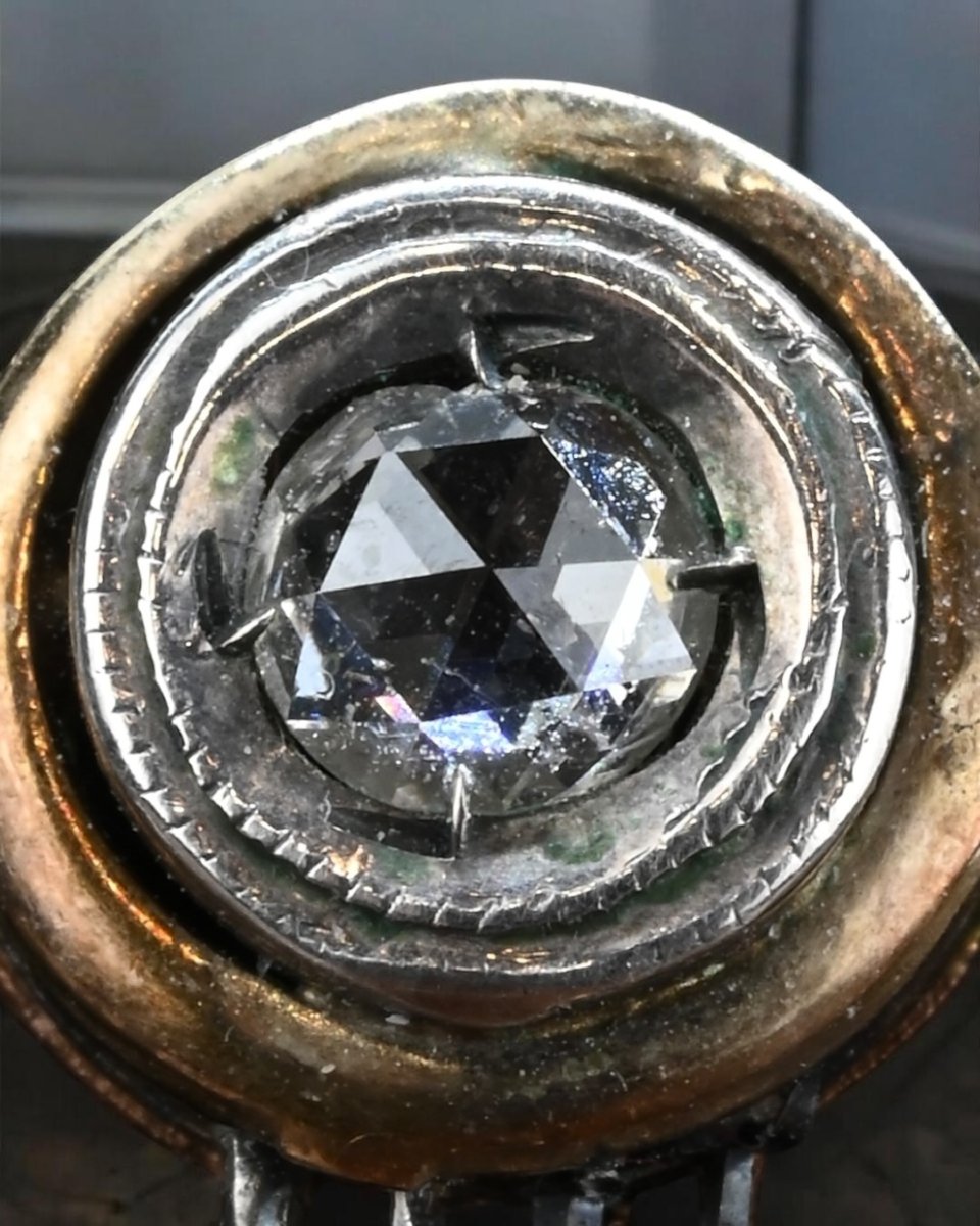 Collier en Argent, Or et Roses en Diamants avec pendentif en  Émeraude - Italie, début du XXe -photo-3